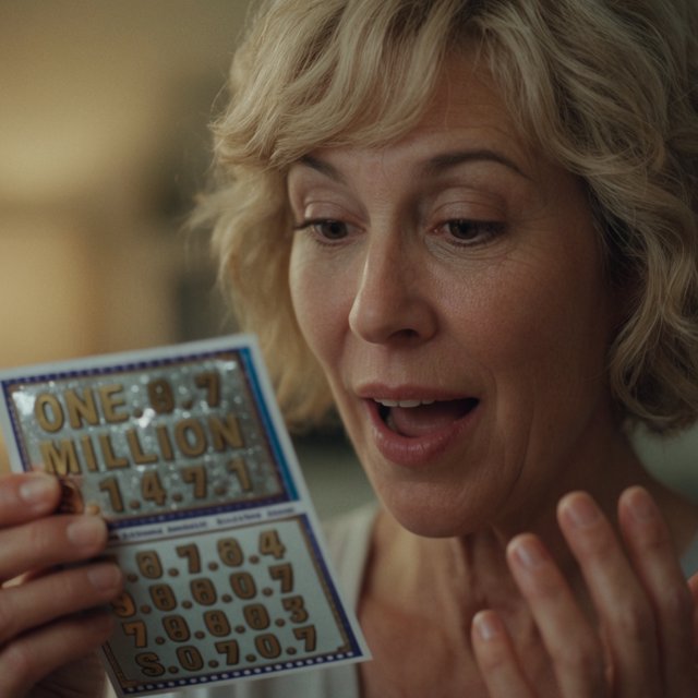 A realistic scene of a random adult person, either Black, white, or Asian, scratching a scratch ticket and discovering that they have won one million dollars. — Krea 2 Large