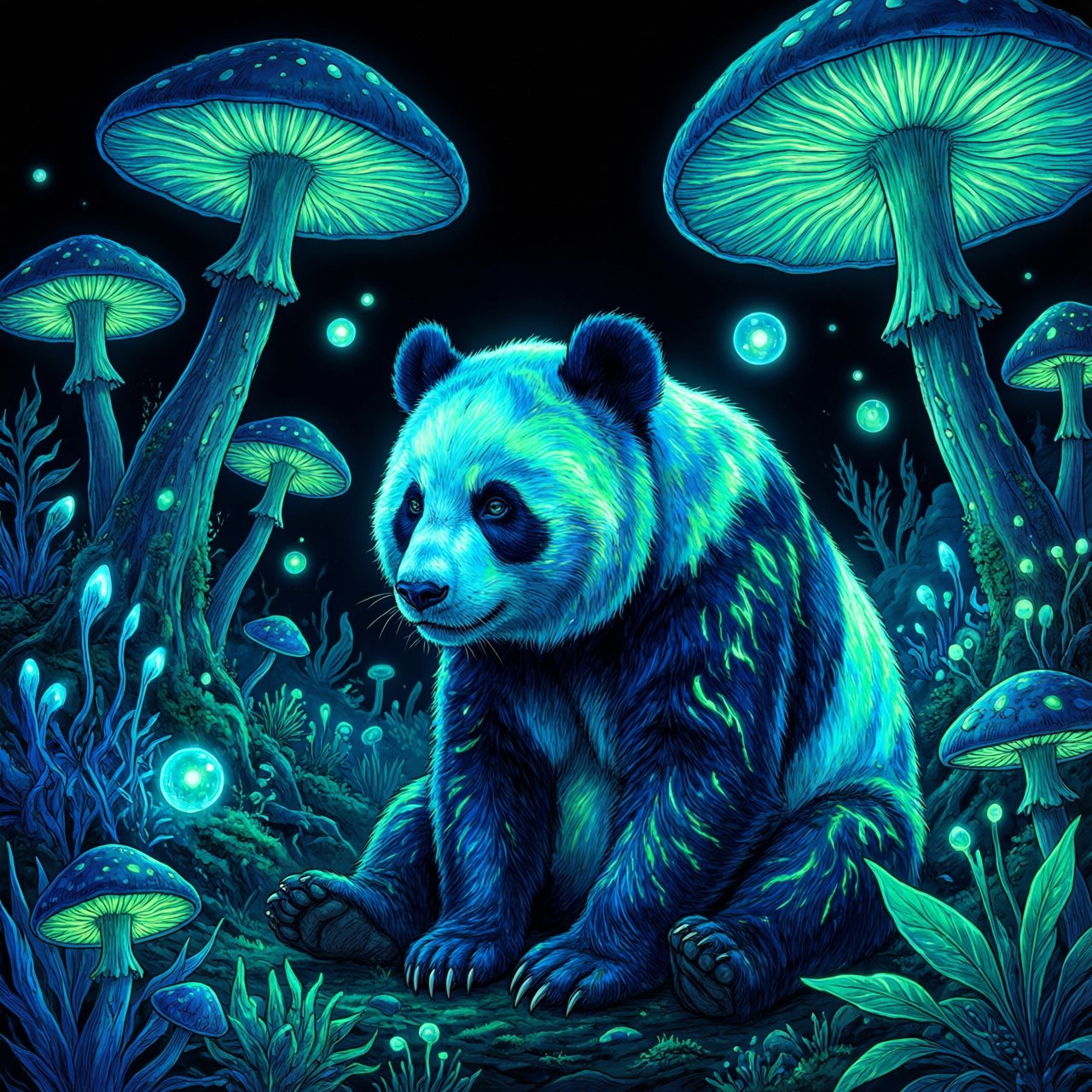 A bioluminescent panda bear, its fur patterns glowing with neon blues and vibrant greens, sits peacefully amidst a grove of luminous, alien flora. Giant, pulsing mushrooms and floating orbs of light create an otherworldly ambiance. The background fades into an inky blackness, making the glowing elements pop. Style: Sci-fi fantasy illustration with sharp, defined lines and glowing contrasts, drawing inspiration from futuristic concept art. — Qwen Image 3.0 Pro