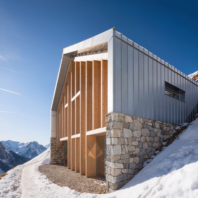 Exterior of a contemporary alpine research lodge in restrained regional modernism, rough granite walls, larch screens, steep standing-seam roof, crisp snow-bright morning light, viewed from below across a mountain footpath, sound structural geometry. — Kling v3