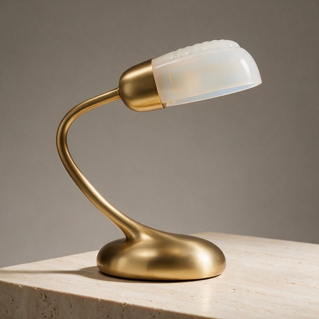 Commercial product photograph of an unbranded sculptural desk lamp made from brushed brass and opal glass, resting on pale travertine, against a warm gray background, with soft diffused light from upper left and gentle grounding shadow. — Seedream 5.0 Pro