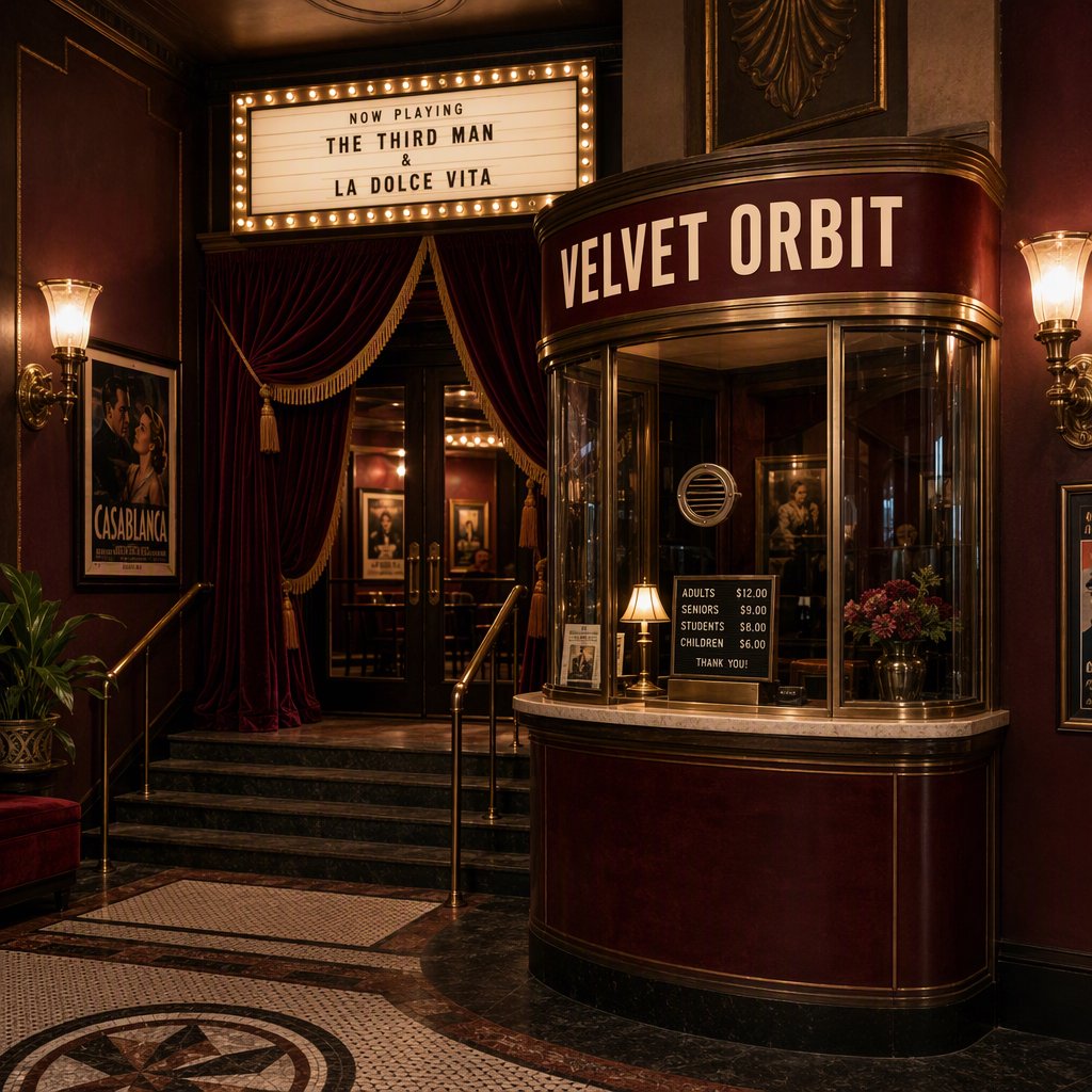 In a restored neighborhood cinema, brass sconces illuminate velvet curtains and a glass ticket booth; "VELVET ORBIT" is painted in ivory block letters across the booth’s burgundy fascia. — GPT Image 2