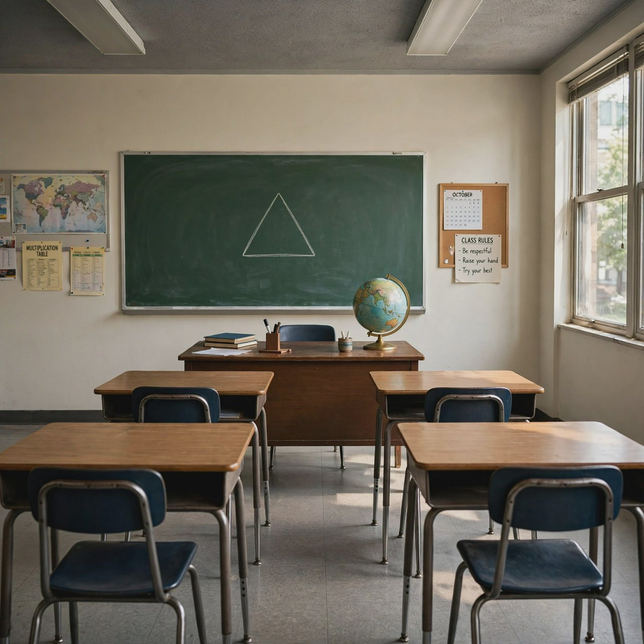 A classroom with exactly four desks in two rows, a globe on the teacher's desk, a chalkboard with a single drawn triangle, empty of people. — Muse Image 1.0