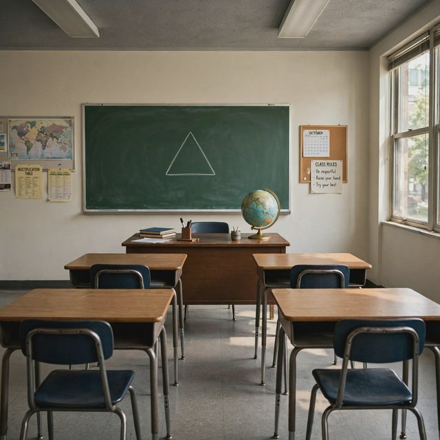 A classroom with exactly four desks in two rows, a globe on the teacher's desk, a chalkboard with a single drawn triangle, empty of people. — Muse Image 1.0