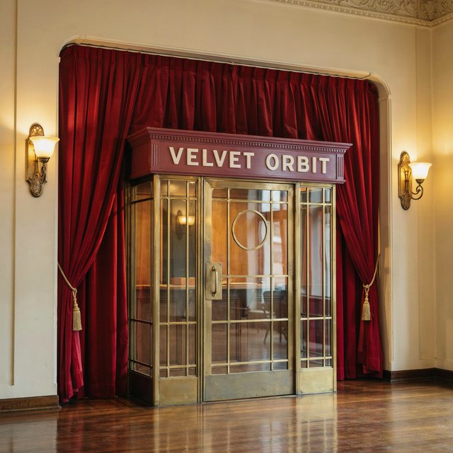 In a restored neighborhood cinema, brass sconces illuminate velvet curtains and a glass ticket booth; "VELVET ORBIT" is painted in ivory block letters across the booth’s burgundy fascia. — Ideogram v4.5