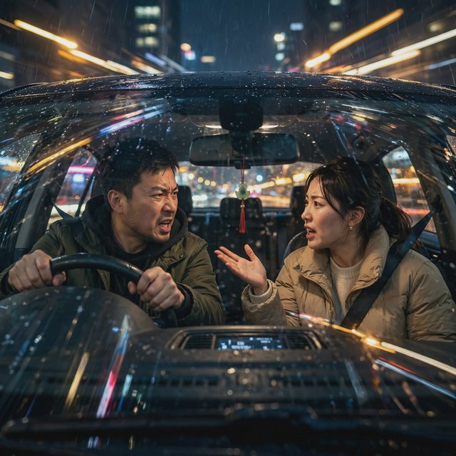 Frontal cinematic shot through the windshield of a car driving at night. A 35-year-old Chinese man is in the driver’s seat, gripping the steering wheel and arguing back in visible frustration. Beside him, a 30-year-old Chinese woman in the front passenger seat is nagging him animatedly, gesturing as she speaks. Both are clearly engaged in a tense argument. Nighttime city lights and passing streetlights glow outside, with reflections across the windshield and realistic interior lighting. — Muse Image 1.0