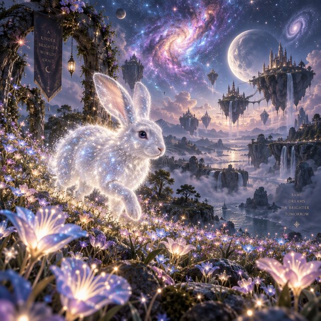 An ethereal rabbit, its fur made of shimmering moonlight, hops through a field of glowing, otherworldly flowers under a sky filled with nebulae. The landscape is dreamlike and surreal, with floating islands in the distance. The style is a delicate digital painting with fantasy elements, evoking a sense of wonder and tranquility. — GPT Image 2.5 Sunburst