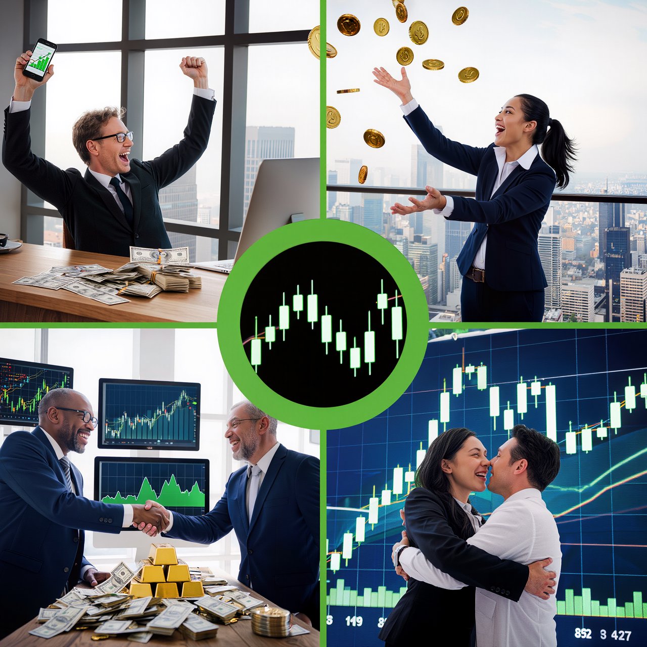 People making successful trades. A totally green day. Making a lot of money (life-changing money). At least 4 scenes. — Kling v3
