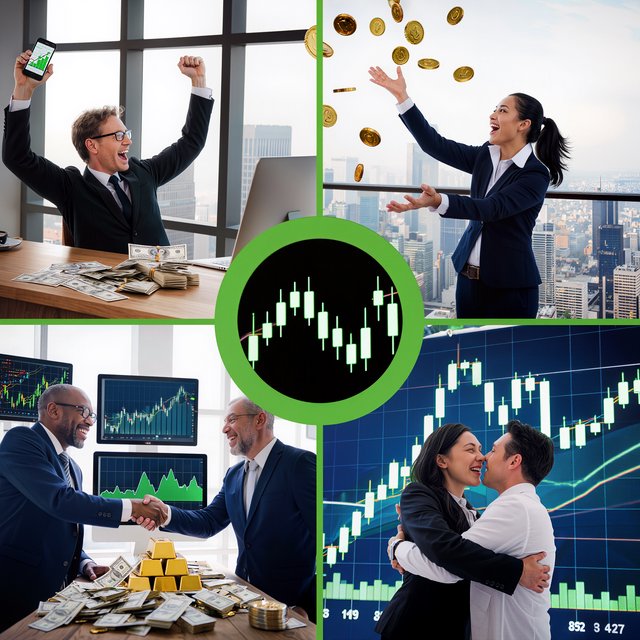People making successful trades. A totally green day. Making a lot of money (life-changing money). At least 4 scenes. — Kling v3