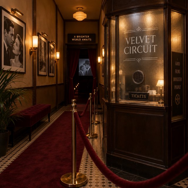 A narrow neighborhood cinema lobby glows with amber sconces, velvet ropes, and framed film stills; "VELVET CIRCUIT" is etched in elegant silver lettering across the frosted glass ticket-booth window. — GPT Image 2.5 Sunburst