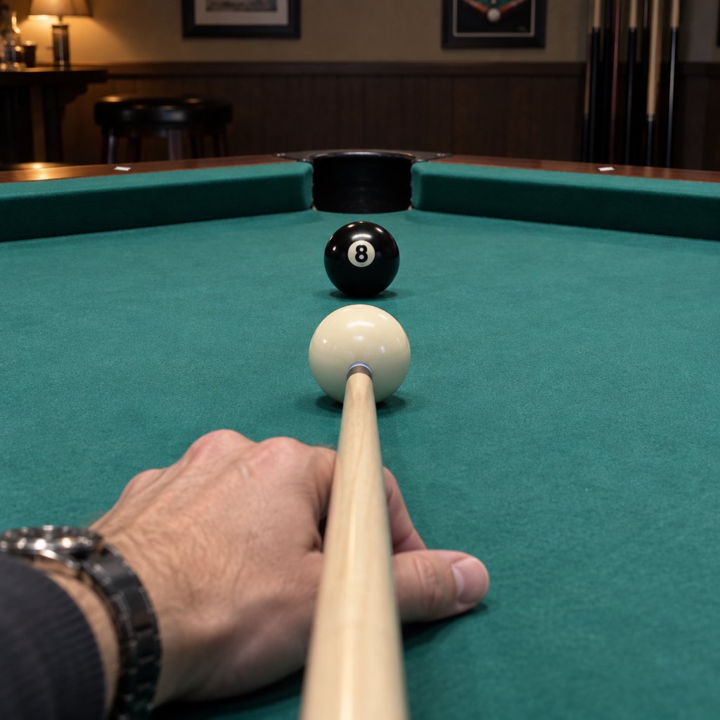 First-person perspective of an adult pool player’s left hand holding the cue, aiming the white cue ball at the black 8-ball and intending to pocket it in the center pocket. — GPT Image 2.5 Sunburst