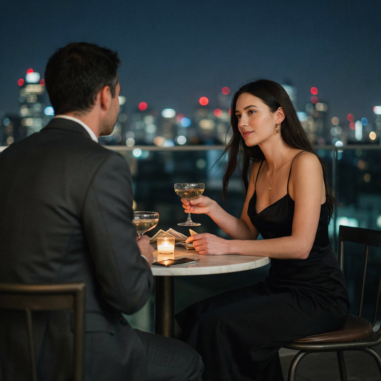 Exchanging flirtatious glances. Alluring. A peerlessly beautiful adult woman. Captivating. An expression of being dazzled by money, heart racing. Ergonomics. Long hair flowing. — Ideogram v4
