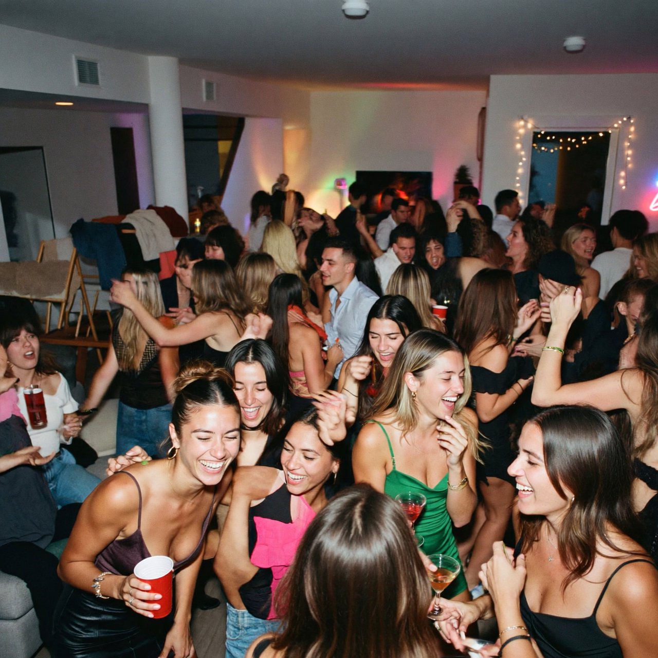 Realistic house party. Mostly adult women wearing clubwear. For every adult man, there are at least three adult women. Many angles. Vibe: very lively and fun. — ImagineArt 2