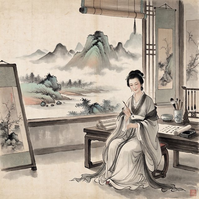 Heaven above, earth below. Ink-painting studio. Chinese painting style. Alluring. Peerless adult beauty. Radiant. — ImagineArt 2