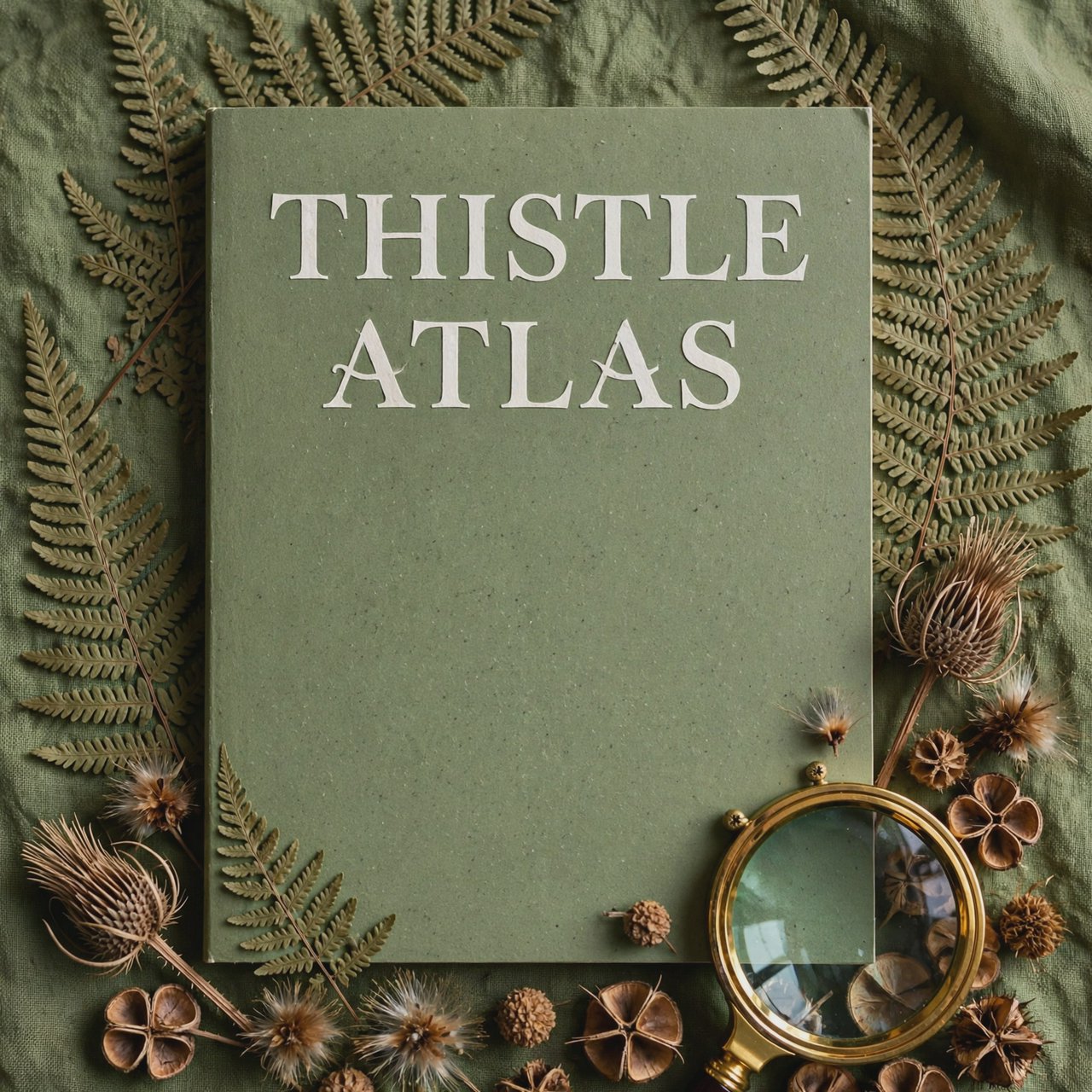 Pressed fern fronds, seed pods, and a magnifying lens frame a naturalist’s field-guide book cover on moss-green cloth; “THISTLE ATLAS” spans the upper third in hand-cut ivory serif capitals, with no other legible writing. — Muse Image 1.0