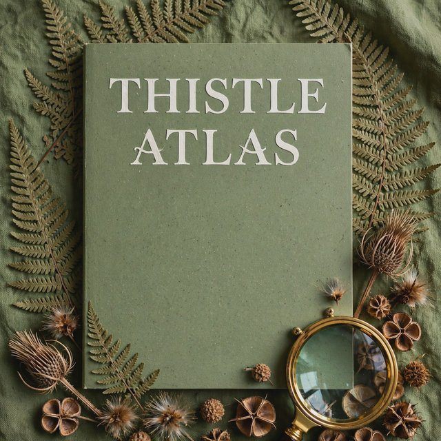 Pressed fern fronds, seed pods, and a magnifying lens frame a naturalist’s field-guide book cover on moss-green cloth; “THISTLE ATLAS” spans the upper third in hand-cut ivory serif capitals, with no other legible writing. — Model 14