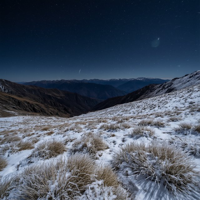 Moonlight washes a snowbound high plateau beneath sharp stars, while dry flurries cross the midnight air; frost feathers the foreground tussocks, and dark, rolling ridgelines recede into a blue-black distance. — Qwen Image 3.0