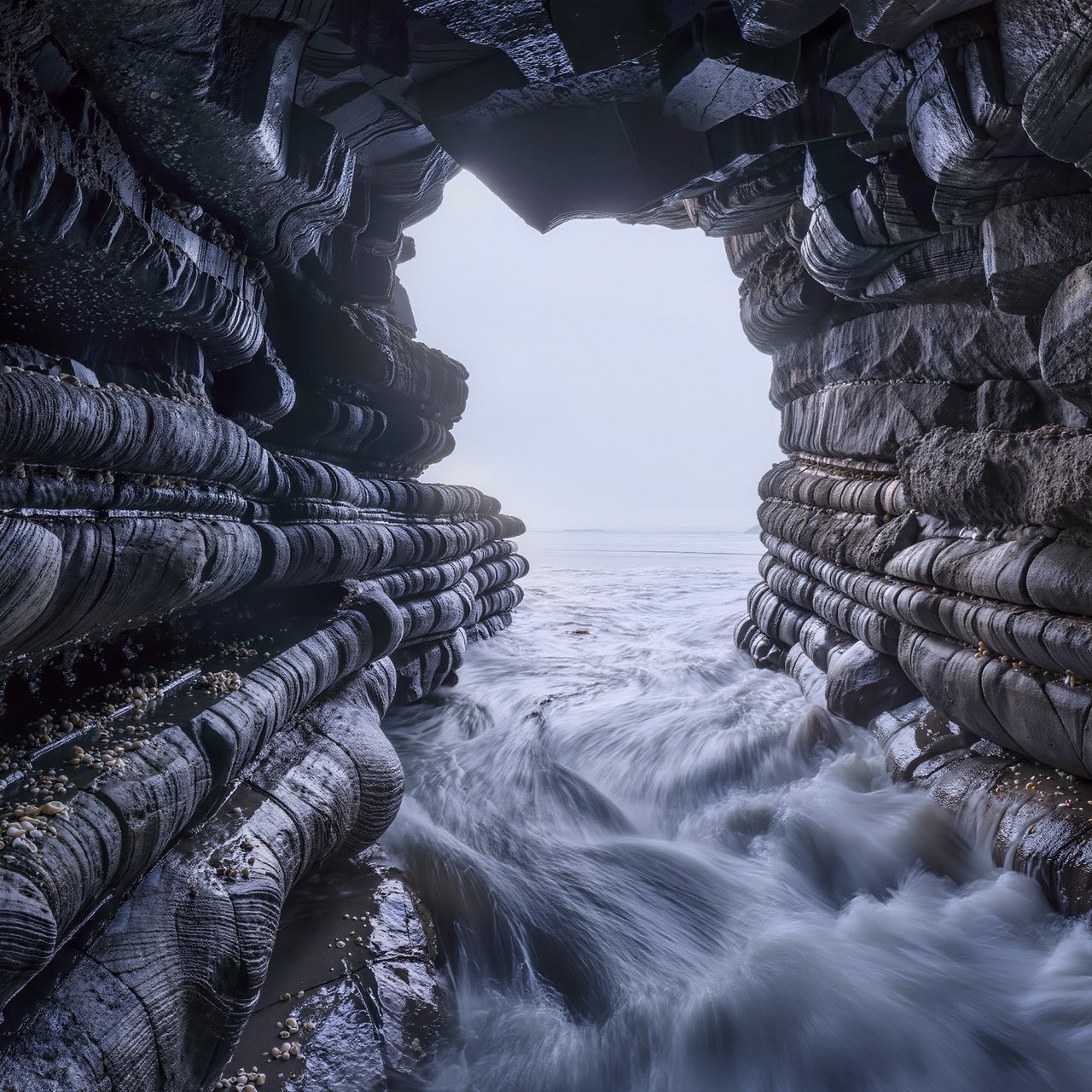 Inside a blue-grey sea cave, incoming swells curl over ribbed limestone beneath a clearing rain squall in late afternoon; wet mineral bands and shell fragments sharpen the entrance ledge, while the cavern mouth frames hazy open water. — Kling v3