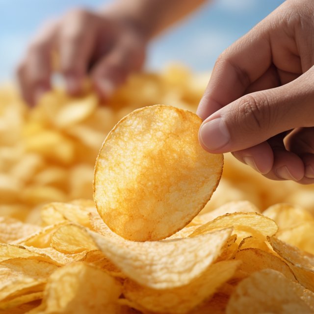 A creative promotional poster for potato chips featuring a forced perspective effect. — Krea 2 Large