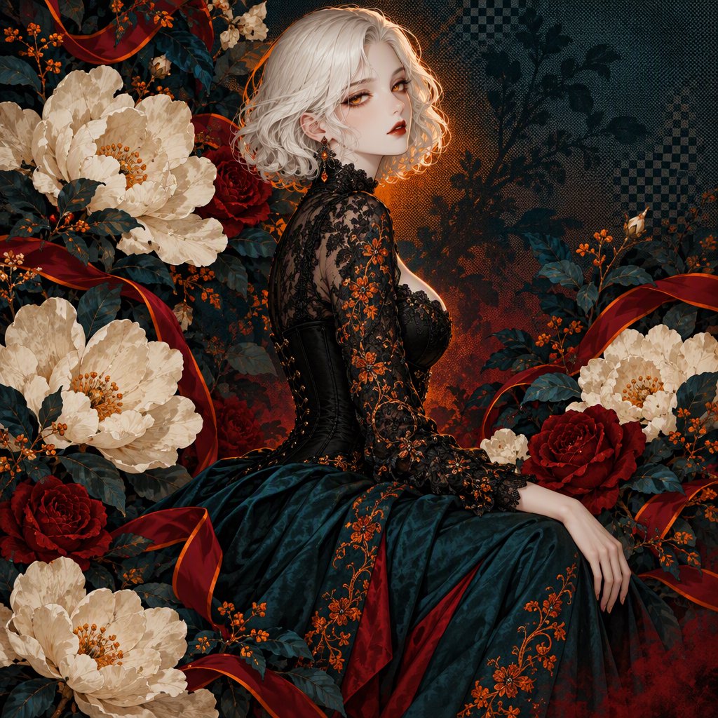 An elegant gothic woman sits sideways among oversized ivory blossoms, crimson roses, and dark teal foliage, turning toward the viewer with half-lidded amber eyes. She has a softly waved silver-white bob and a fitted black gown with lace, embroidered sleeves, and a sculpted corset. Deep-teal skirt folds reveal crimson lining and burnt-orange embroidery. Crimson ribbons with orange edging weave through the flowers, leaving breathing room around her pale face and hands. A deep-teal background fades into charcoal, with muted burnt-orange light behind her head, faint crimson haze below, and botanical shadows. Fine ordered dithering, delicate checkerboard patterns, and clustered pigment grains soften background transitions only; the woman and flowers remain smoothly painted. Crimson, deep teal, glowing orange, lacquer black, and warm ivory palette. Soft frontal fill, luminous hair, readable black fabric, subtle orange rim light, refined gothic anime, precise linework, dramatic floral framing — GPT Image 2.5 Flare