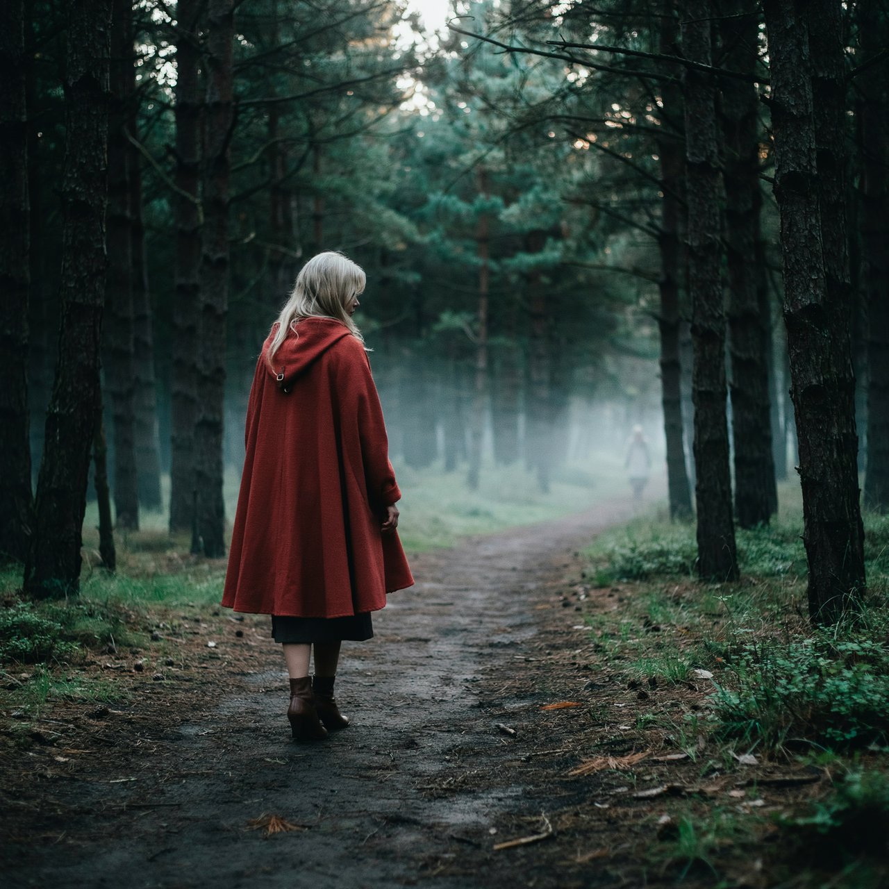 Medium shot at eye level: 1960s vintage film aesthetic. An adult woman with long, blonde hair walks alone through a dark forest. She wears a red hooded cloak, with the hood pulled up and fastened at the neck by a silver buckle. Photorealistic 1960s Technicolor film grain; soft, shallow depth of field. — Ideogram v4