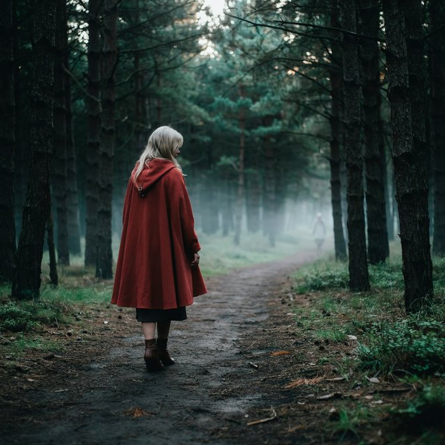 Medium shot at eye level: 1960s vintage film aesthetic. An adult woman with long, blonde hair walks alone through a dark forest. She wears a red hooded cloak, with the hood pulled up and fastened at the neck by a silver buckle. Photorealistic 1960s Technicolor film grain; soft, shallow depth of field. — Ideogram v4