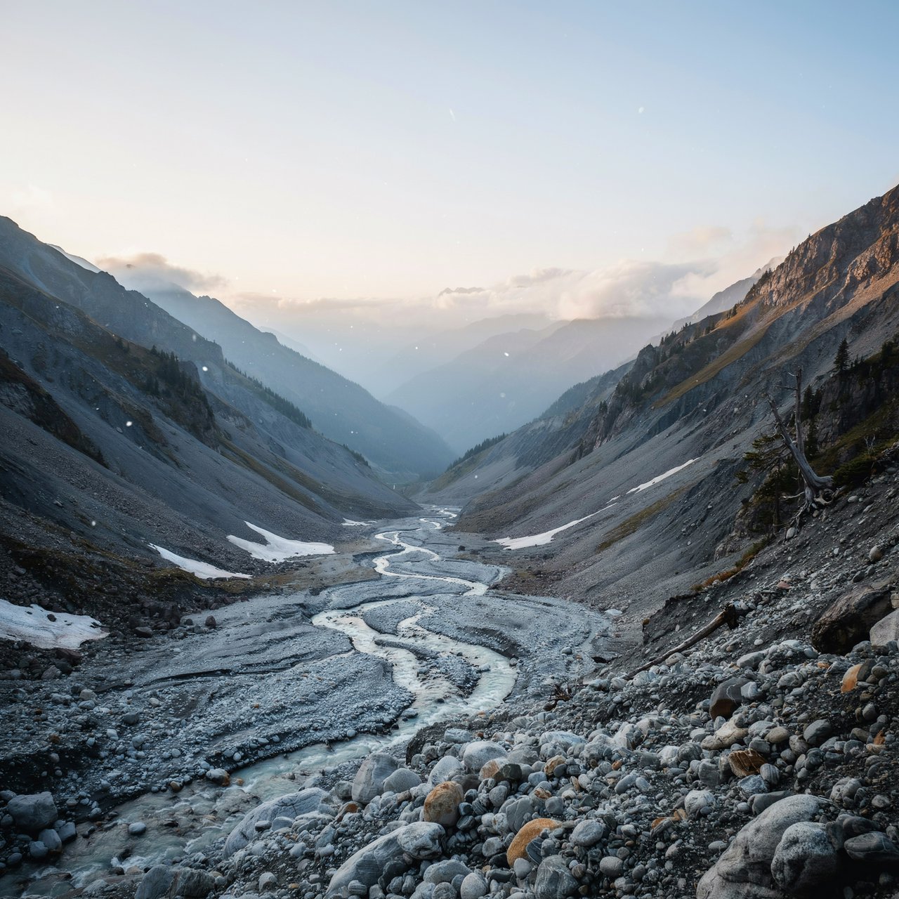 Beyond a braided glacier-fed stream, a steep moraine valley opens beneath clearing dawn snow flurries; gritty ice grains and water-polished stones sharpen the near bank, while layered ridges fade into cloud. — Ideogram v4