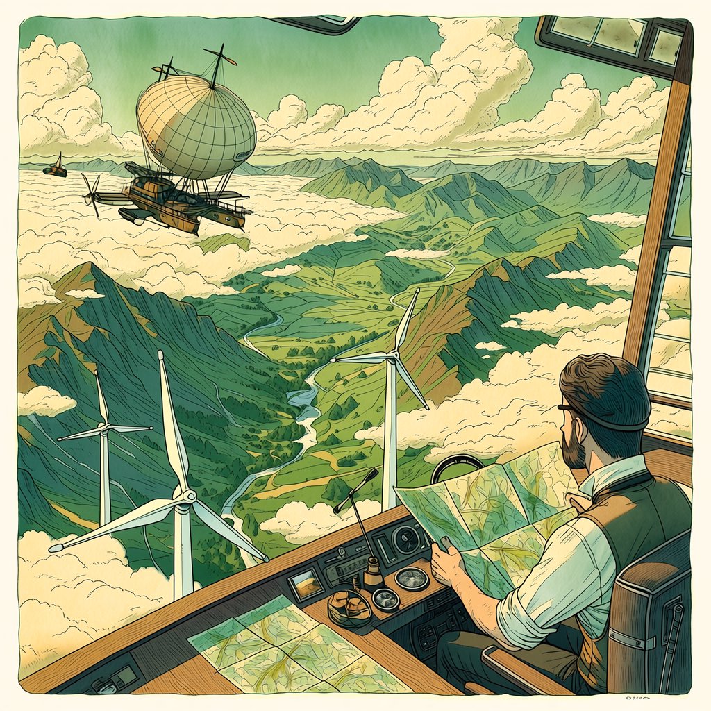 Ink-and-gouache illustration of an adult cartographer steering a small airship above a cloud-filled mountain valley, maps fluttering from the cabin and wind turbines turning below. Palette of emerald, ochre, plum, and cream, with lively linework and atmospheric washes. — Midjourney Niji 7