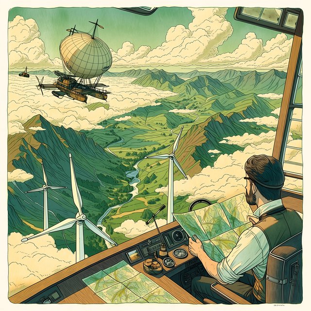 Ink-and-gouache illustration of an adult cartographer steering a small airship above a cloud-filled mountain valley, maps fluttering from the cabin and wind turbines turning below. Palette of emerald, ochre, plum, and cream, with lively linework and atmospheric washes. — Midjourney Niji 7