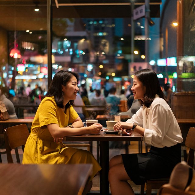 A cozy nighttime café scene featuring two young adult Chinese women seated at a table by a window. One wears a yellow dress, and the other, seated opposite her, wears a white blouse and black skirt. They are chatting warmly with each other, with two cups of coffee on the table. Outside the window, a lively shopping street glows with evening lights, creating a relaxed, intimate, and cinematic atmosphere. — ImagineArt 2
