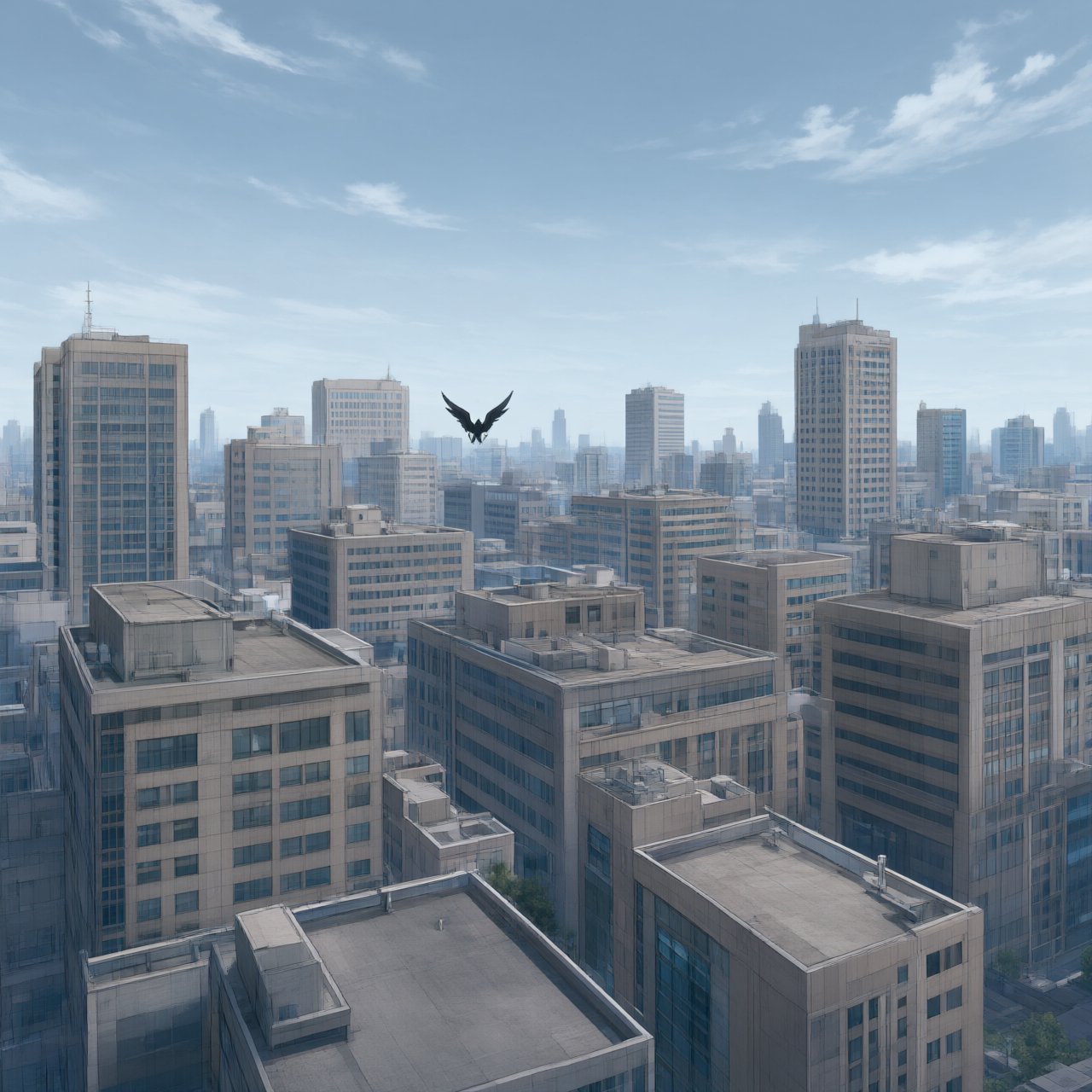 Clean cel-shaded painted cityscape, wide high-angle elevated rooftop level shot looking out over dense modern downtown office buildings, small dark winged figure hovering above central midground rooftops, pale overcast deep blue sky with wispy white clouds, diffused even daylight lighting with soft subtle ambient shadows, muted cool grey, beige, blue building facades with uniform office windows, flat concrete building rooftops, receding hazy distant city skyline with atmospheric perspective, eye level relative to building tops, no outlines, smooth flat color rendering, no grain. — Qwen Image 3.0