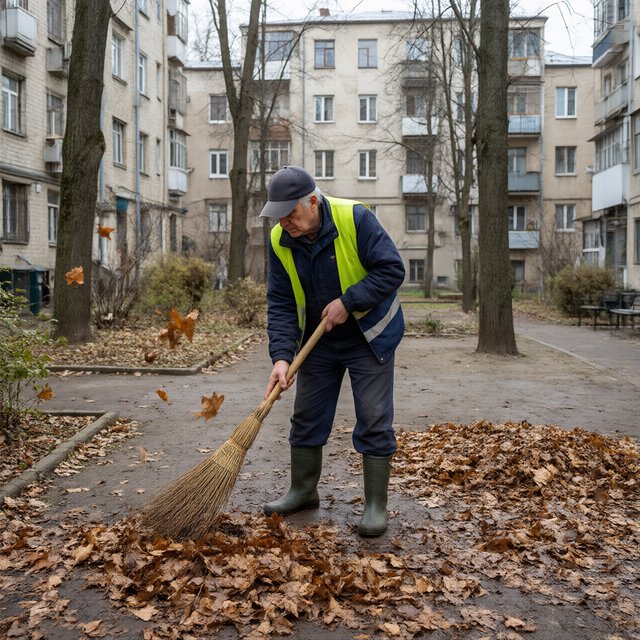Candid documentary photograph of an adult groundskeeper sweeping damp leaves from an apartment courtyard, pale overcast morning light, 35mm lens with moderate depth of field, a few leaves caught midair in motion blur. — Qwen Image 3.0