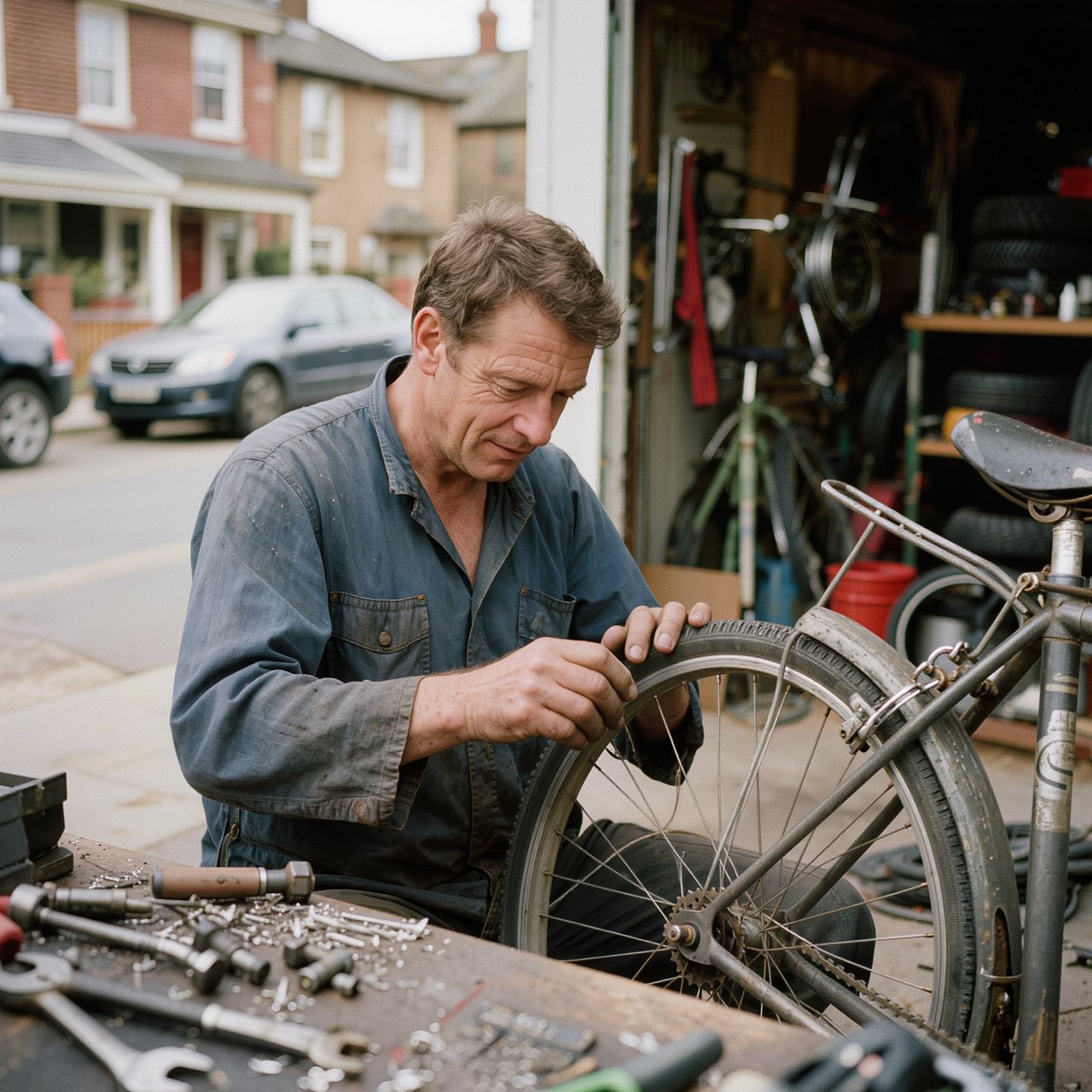Candid documentary photograph of an adult bicycle mechanic repairing a flat tire outside a neighborhood workshop, soft overcast daylight, 35mm lens with moderate depth of field, greasy fingerprints, dust, and tiny metal shavings visible on the workbench. — Kling v3