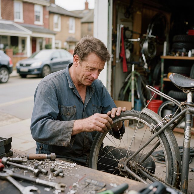 Candid documentary photograph of an adult bicycle mechanic repairing a flat tire outside a neighborhood workshop, soft overcast daylight, 35mm lens with moderate depth of field, greasy fingerprints, dust, and tiny metal shavings visible on the workbench. — Kling v3