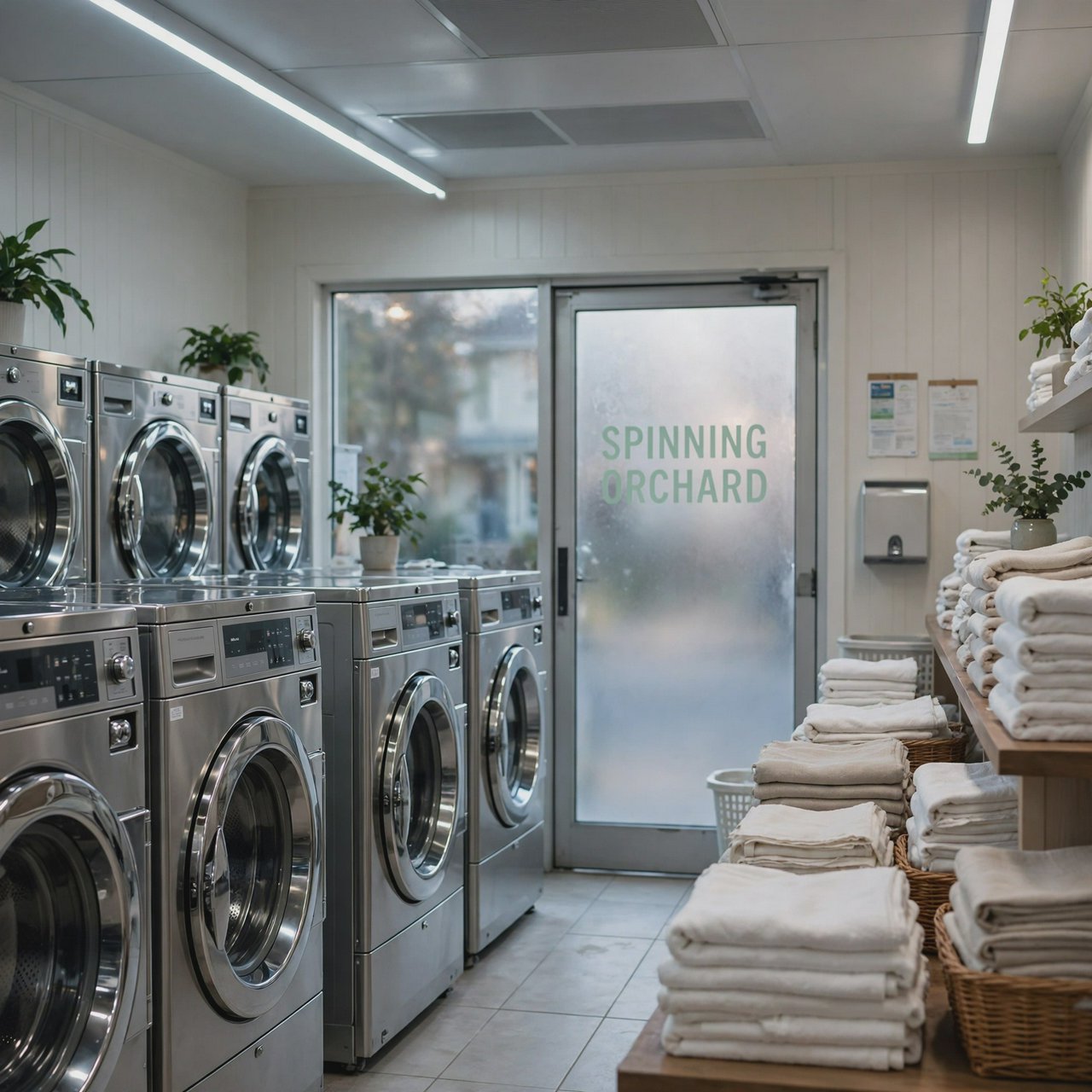 Inside a quiet neighborhood laundromat, chrome machines and folded linen glow beneath cool ceiling lights; "SPINNING ORCHARD" is printed in pale mint letters on the frosted glass entry door. — Muse Image 1.0