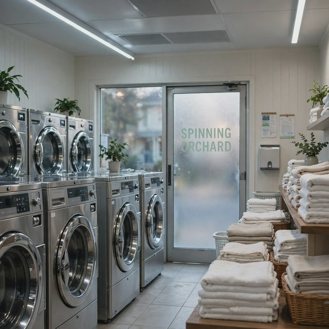 Inside a quiet neighborhood laundromat, chrome machines and folded linen glow beneath cool ceiling lights; "SPINNING ORCHARD" is printed in pale mint letters on the frosted glass entry door. — Muse Image 1.0