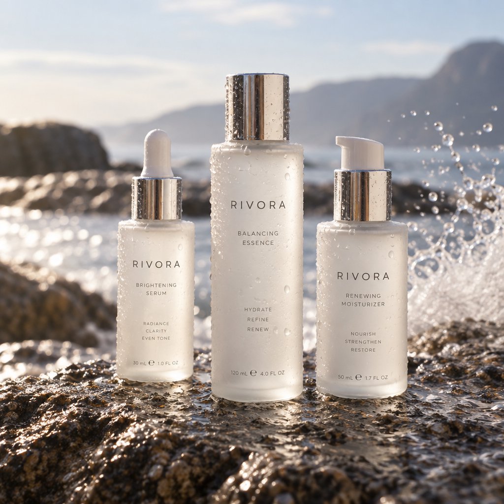 Three frosted glass skincare bottles on a wet stone surface with a splash of water, morning light, shallow depth of field. — GPT Image 2.5 Sunburst