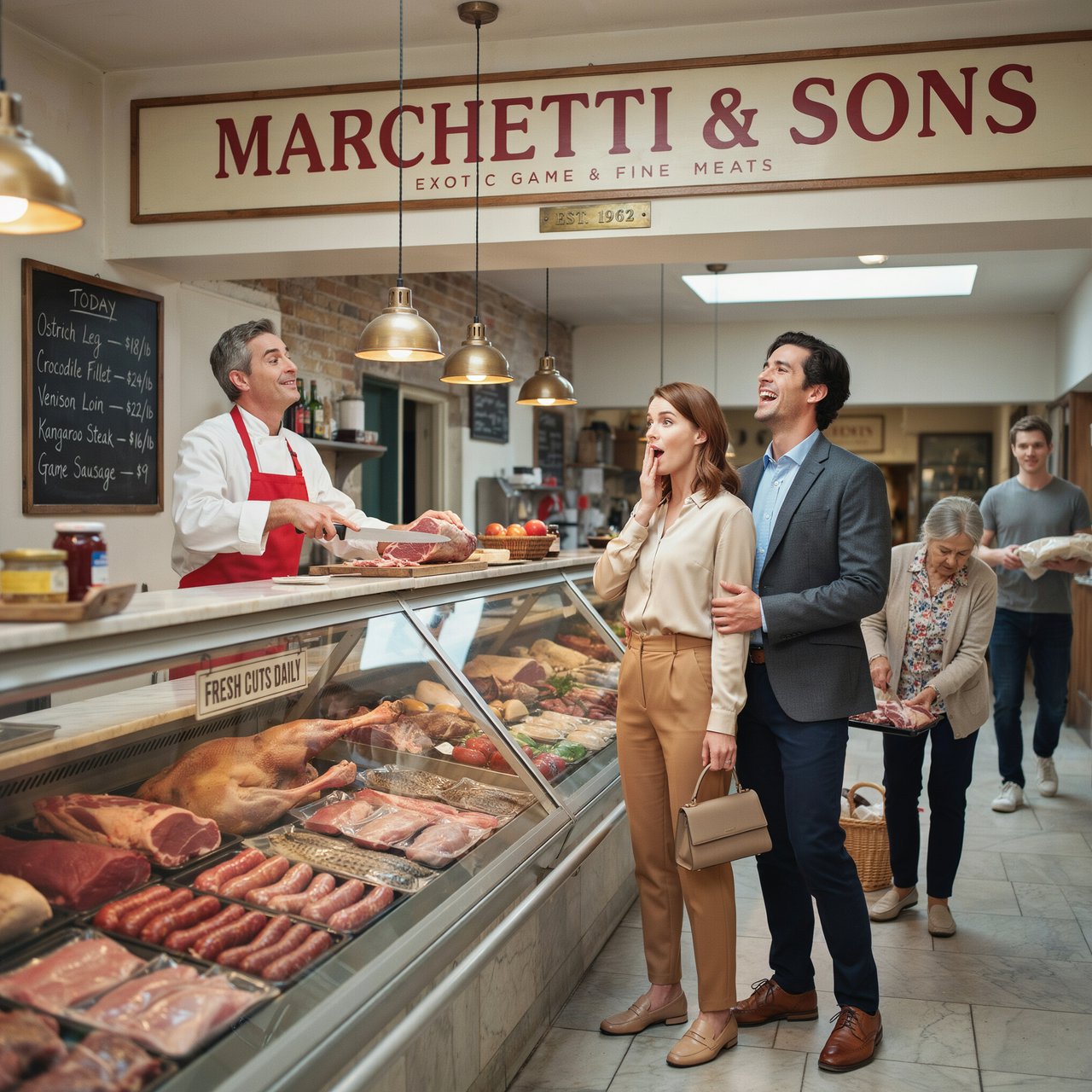 Glamorous adult couple browsing an exotic meat market. The woman has a look of pure surprise at what is on sale. The man just laughs at her reaction! The market is busy and well lit. — Ideogram v4