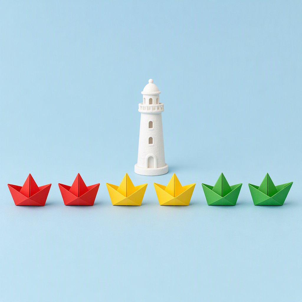 Exactly six folded paper boats sit on a pale blue tabletop: two red boats on the left, two yellow boats in the center, and two green boats on the right. A small white lighthouse figurine stands behind the center pair, nothing else. — GPT Image 2