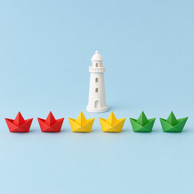 Exactly six folded paper boats sit on a pale blue tabletop: two red boats on the left, two yellow boats in the center, and two green boats on the right. A small white lighthouse figurine stands behind the center pair, nothing else. — GPT Image 2