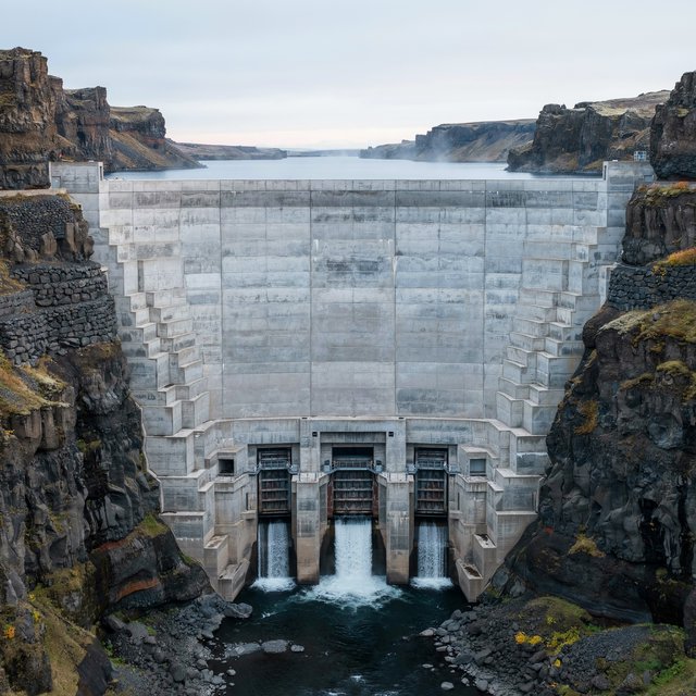 A broad hydroelectric dam in contemporary Brutalist engineering style spans a rocky gorge, its pale concrete face anchored by dark basalt abutments and steel gates; cool dawn light, viewed from downstream, with convincing load-bearing geometry. — Model 8