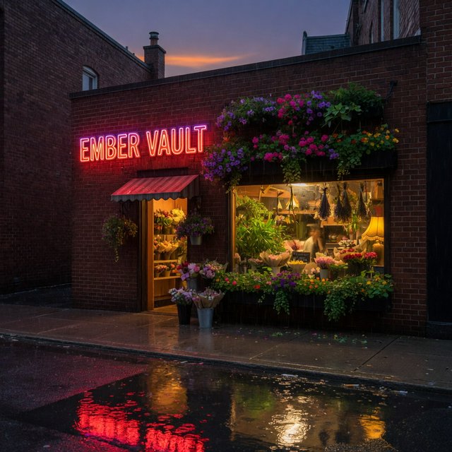 At dusk, a narrow flower shop with rain-dark brick, overflowing window boxes, and warm interior light; the invented name "EMBER VAULT" is rendered in red neon tubing above the entrance, reflected in puddles. — Grok Imagine Image Quality
