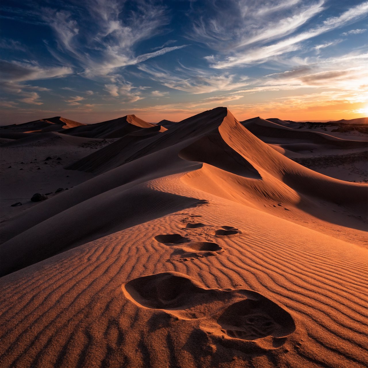 Sand dunes at sunset with wind-blown ridges, one set of footprints, deep blue sky fading to orange. — Recraft v4 Pro