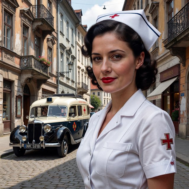 A digital illustration depicts an attractive vintage-style nurse with fair skin and dark, curly hair styled in waves reminiscent of past decades. She wears red lipstick, a white nurse's cap, a uniform, and a cross emblem on her sleeve. A classic European street scene featuring an ambulance and old buildings forms the background. — ImagineArt 1.5 Pro