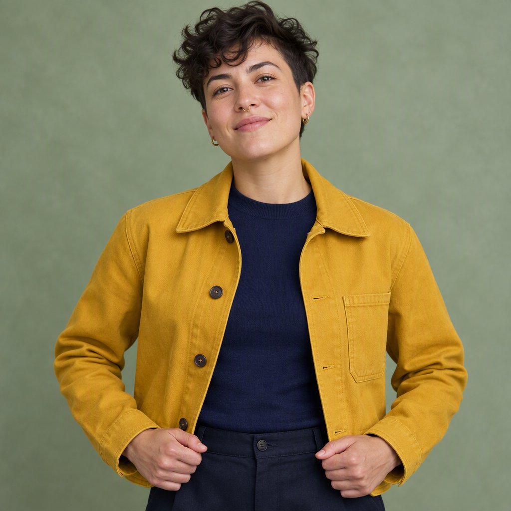 Fashion portrait of an adult nonbinary person in their late twenties wearing a structured saffron-yellow canvas jacket over a fine-gauge navy merino top, hands resting on the jacket hem. Their bright, self-assured expression contrasts with a softly lit sage-green backdrop. — GPT Image 2.5 Flare