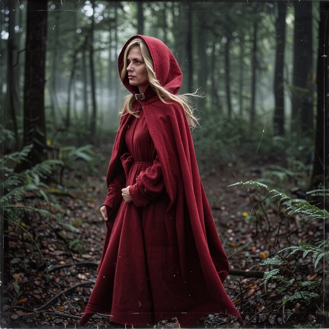 Medium shot at eye level: 1960s vintage film aesthetic. An adult woman with long, blonde hair walks alone through a dark forest. She wears a red hooded cloak, with the hood pulled up and fastened at the neck by a silver buckle. Photorealistic 1960s Technicolor film grain; soft, shallow depth of field. — FLUX 3 Image Klein