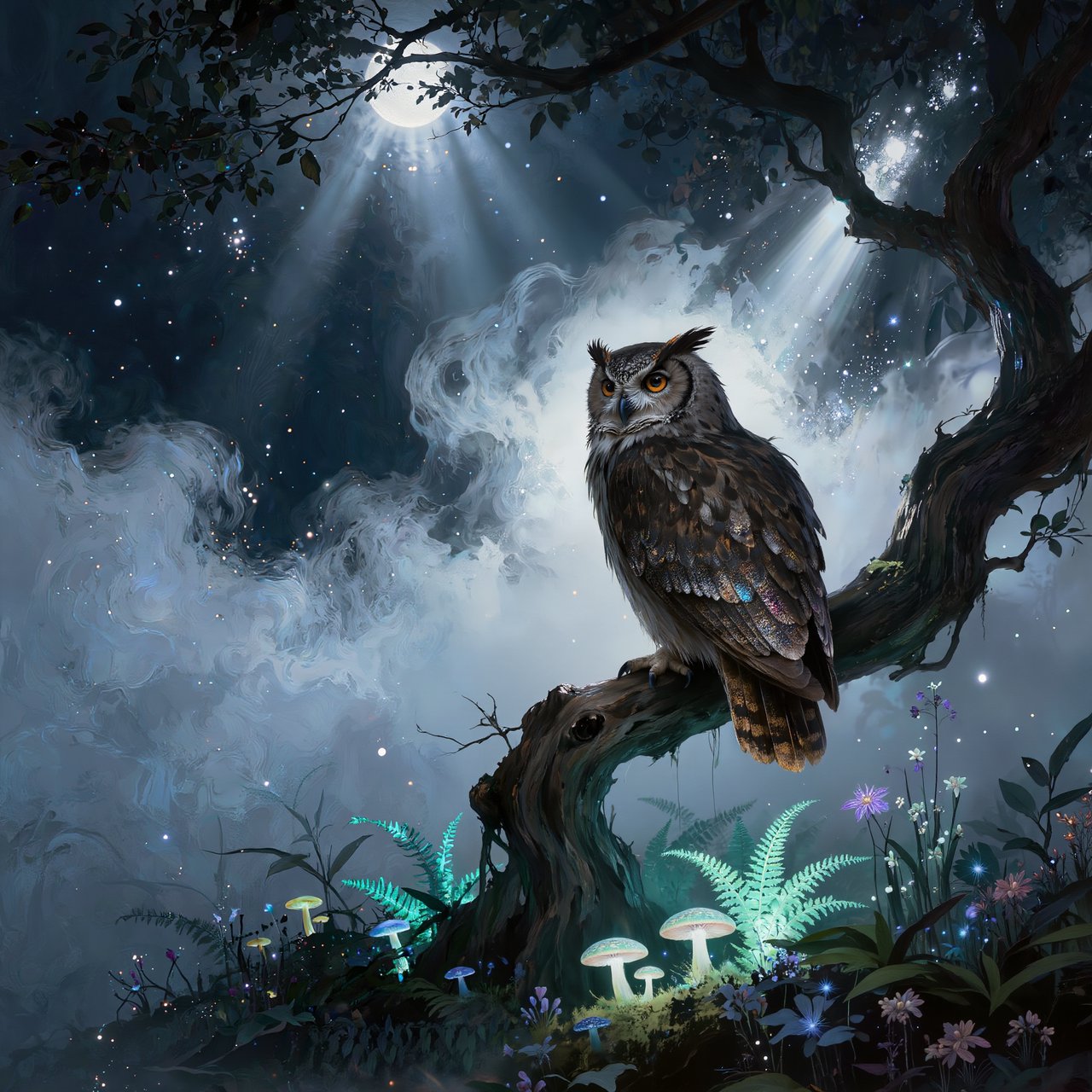 A majestic owl with ancient, knowing eyes perched on a gnarled branch within an ethereal forest. Moonlight filters through the dense canopy, illuminating swirling mists and glowing flora. The scene evokes a sense of deep mystery and ancient magic. Rendered in the style of magical realism with rich oil painting textures. — Kling v3