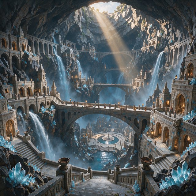 An ancient city carved inside a hollow mountain glows with windowlight, its terraced bridges spanning a blue-lit cavern while mineral mist rises around distant waterfalls and a narrow beam of sunrise reaches the deepest plaza. — FLUX 3 Image