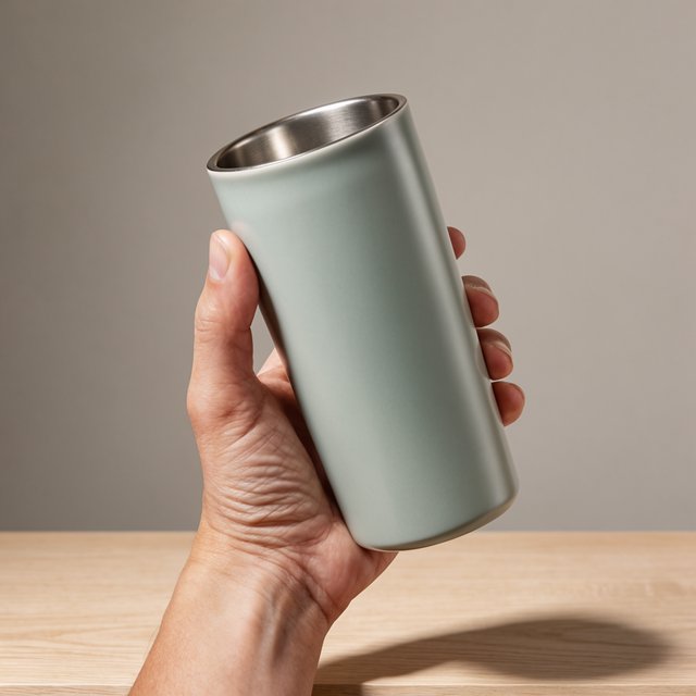 An adult hand lifts an unbranded insulated travel mug, its matte sea-glass polymer body and brushed-steel rim catching softbox highlights above a pale oak counter; warm gray studio backdrop, broad diffused key and cool edge light, no face or lettering. — Krea 2 Large