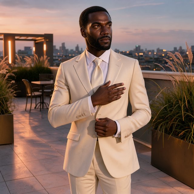 Under the copper glow of a rooftop terrace, an adult Black man in a tailored cream dinner suit is caught smoothing his lapel as evening breeze stirs nearby grasses; calm poise, sculpted shadows and refined fashion-magazine polish. — FLUX 3 Image Klein