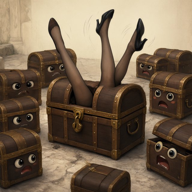 An adult swallowed by an inert mimic chest, with their legs in stockings sticking out of the chest and kicking around. A bunch of envious, cute mimic chests surround it, looking obviously jealous. — Qwen Image 3.0